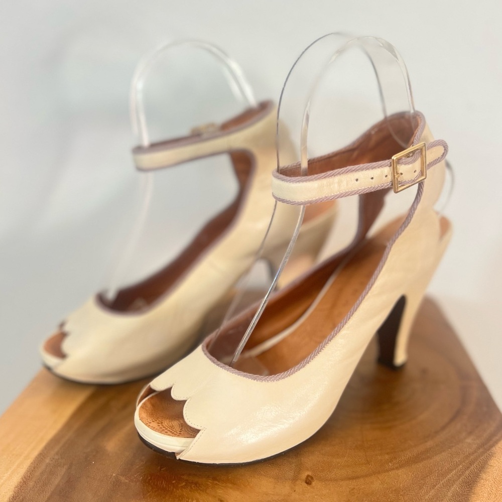 CHIE MIHARA “Bessy” Ivory Cream Platform Ankle Strap Peep Toe High Heels 38.5 - Picture 6 of 16